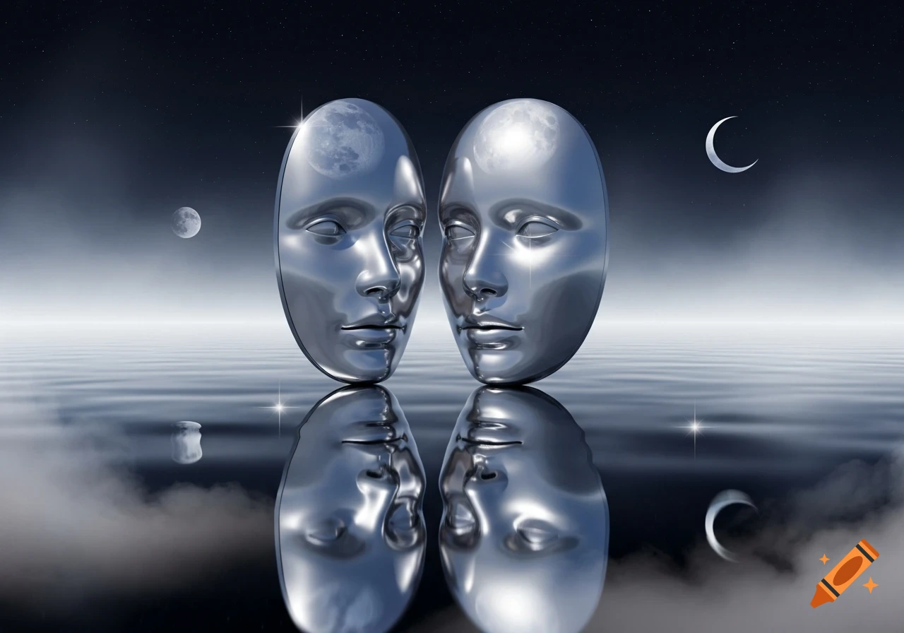 Two metallic chrome masks face each other, reflecting in water under a starry night sky with multiple moons.
