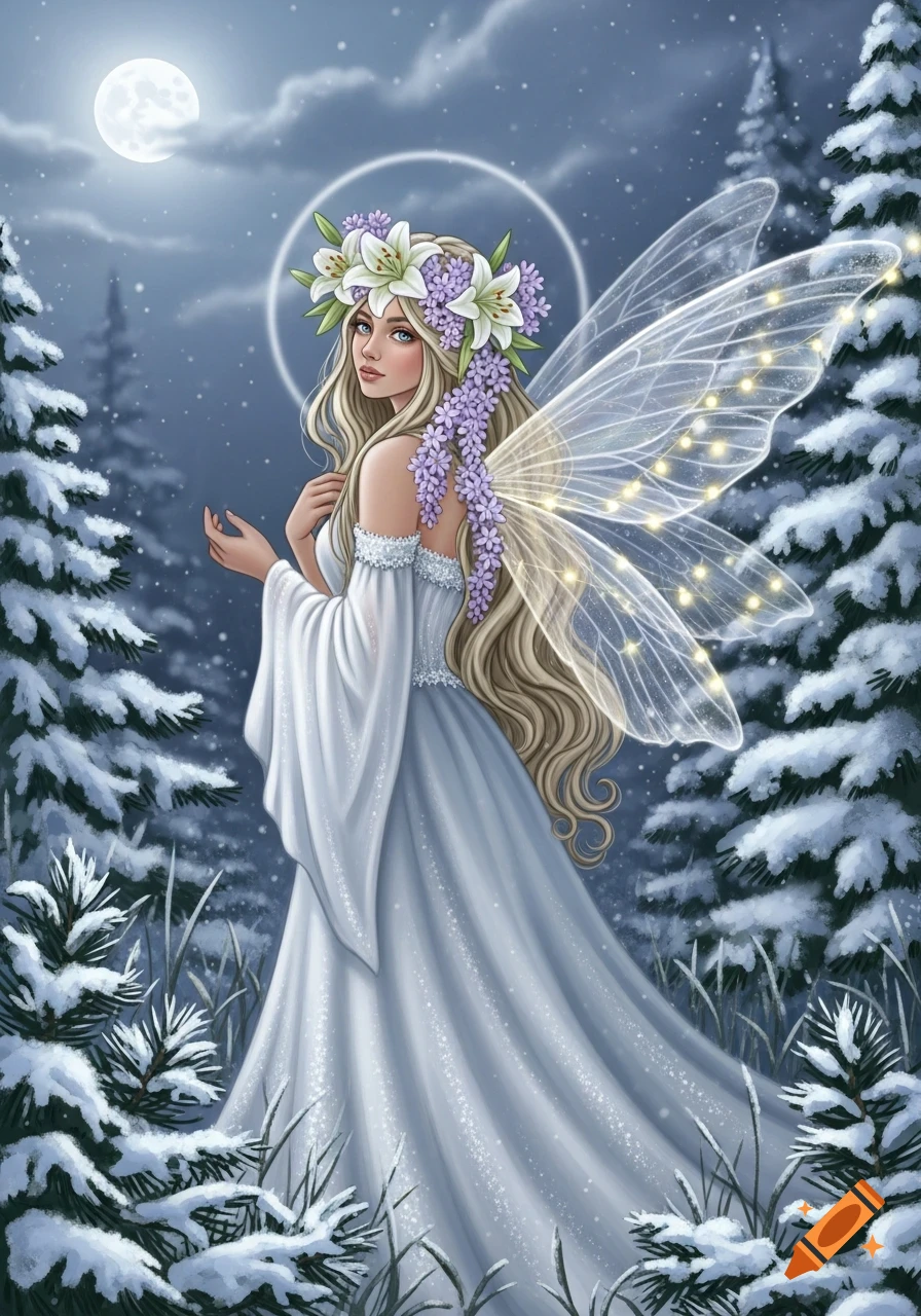 A blonde winter fairy in a white dress with a lily and lilac crown, glowing wings, in a snowy forest under a full moon.