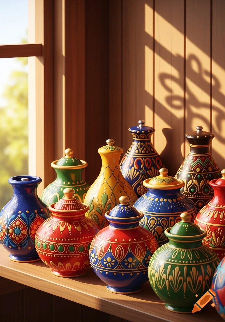 A collection of colorful, patterned decorative pots on a wooden shelf, with sunlight streaming in from a window.
