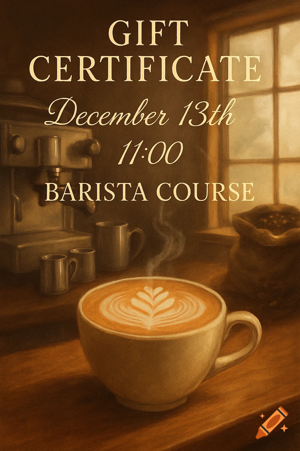 A painterly image of a steaming latte with latte art, an espresso machine, and a bag of coffee beans. Text reads "GIFT CERTIFICATE December 13th 11:00 BARISTA COURSE".