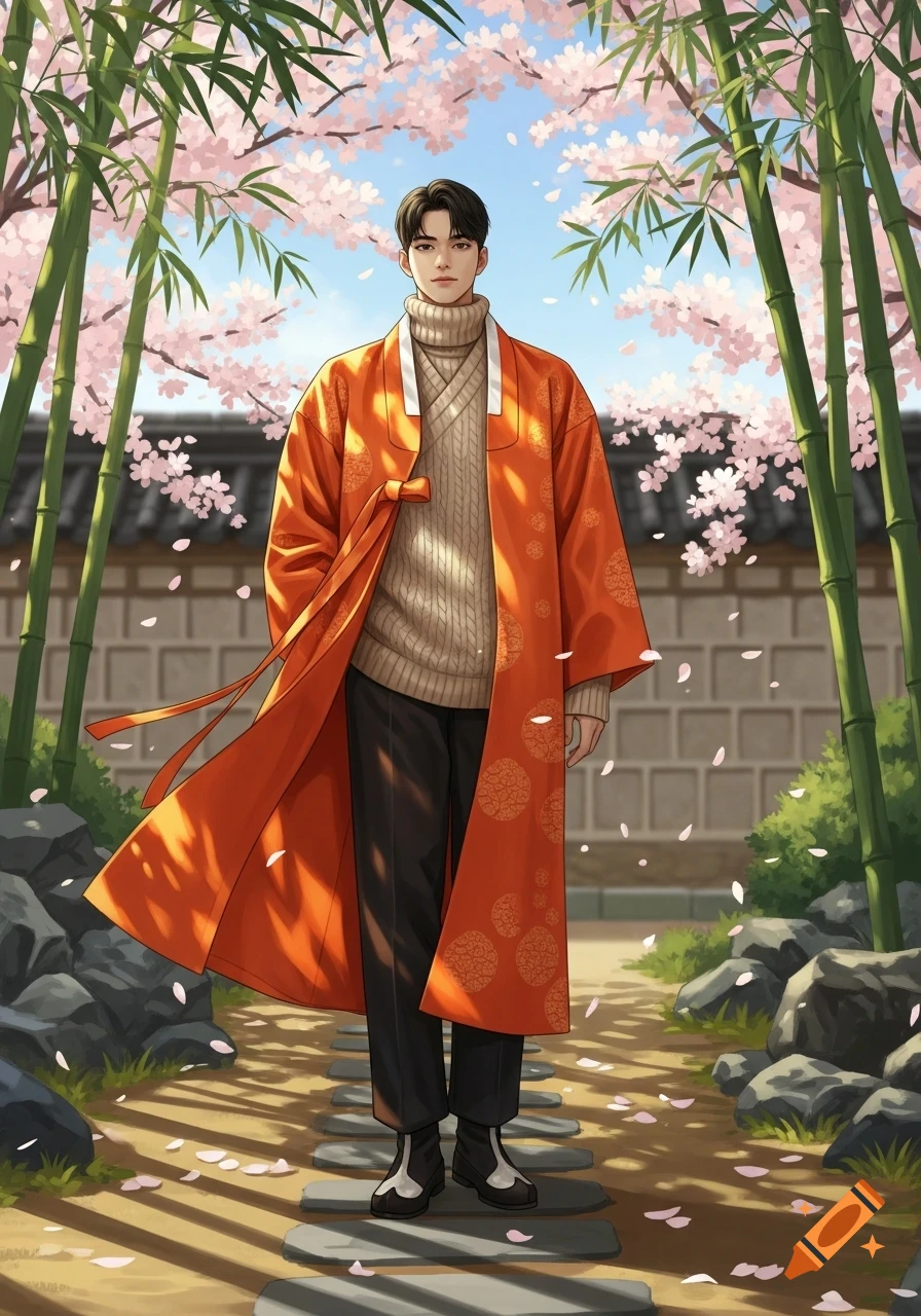 Anime-style young man in an orange hanbok overcoat and beige turtleneck, standing on a stone path in a cherry blossom and bamboo garden.