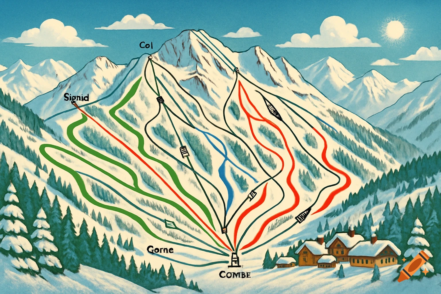 A stylized ski piste map showing colorful runs down a snow-covered mountain towards a village, with text labels for locations.