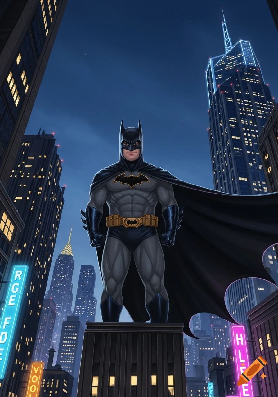 Batman stands in a grey and black suit with a yellow utility belt and cape, looking forward from a building rooftop against a dark blue night sky with city skyscrapers around him.