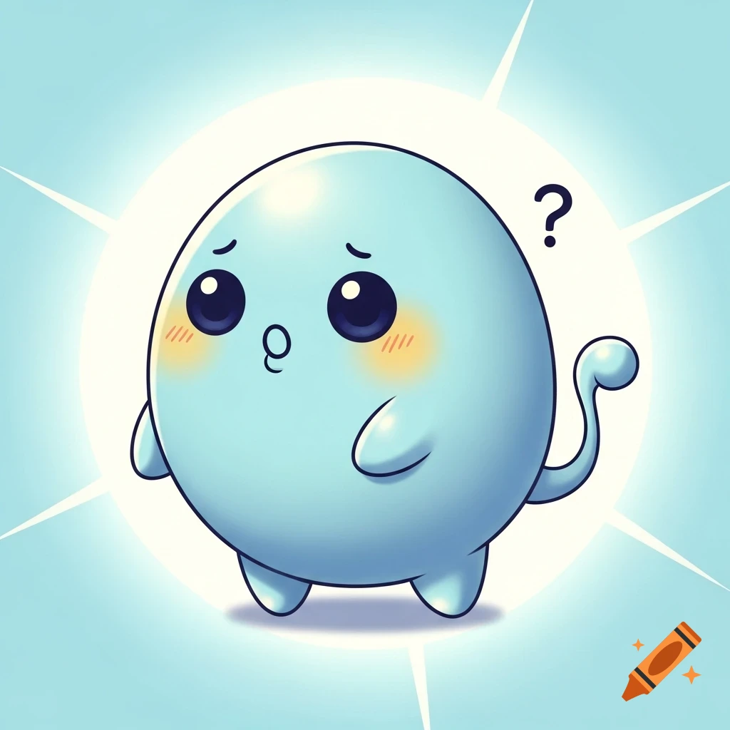 A cute, confused, round sky-blue cartoon creature with big eyes, rosy cheeks, a tiny 'o' mouth, and a question mark floating above its head, with a small tail and nub-like limbs, against a light blue background with a white glow.