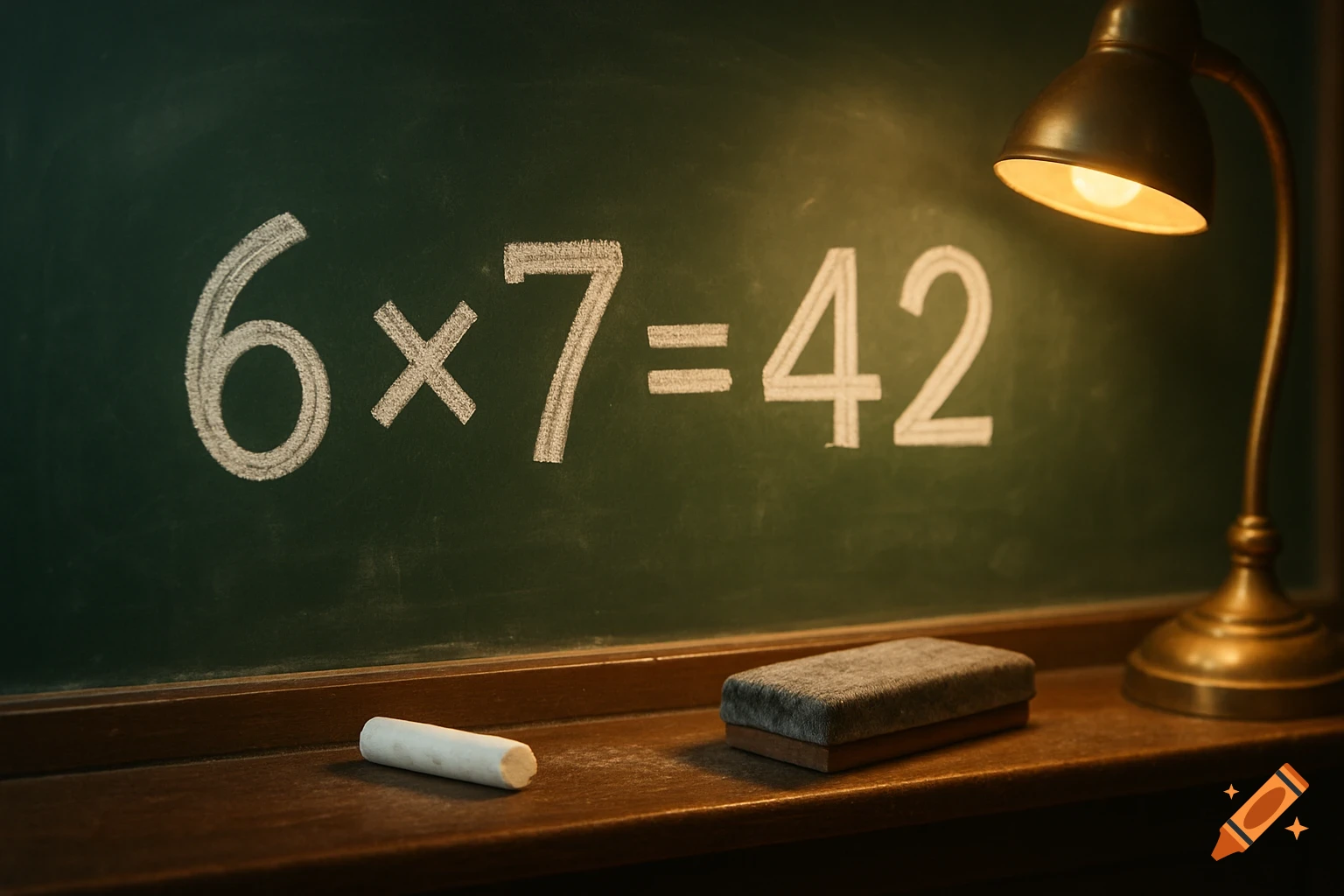 The equation 6 x 7 = 42 written in chalk on a green blackboard, illuminated by a desk lamp, with chalk and an eraser on a wooden ledge.