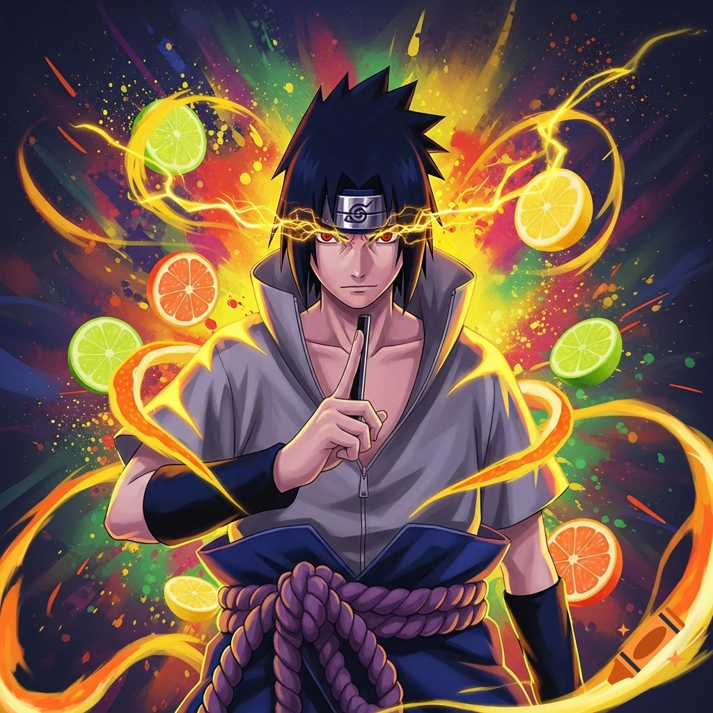 Anime character Sasuke with red eyes and lightning, surrounded by citrus fruit slices and a colorful abstract background.