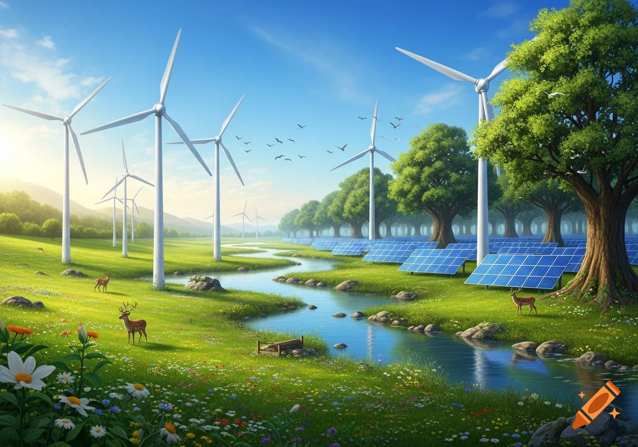 A vibrant landscape with wind turbines, solar panels, a winding river, and deer grazing in a wildflower meadow under a bright blue sky.