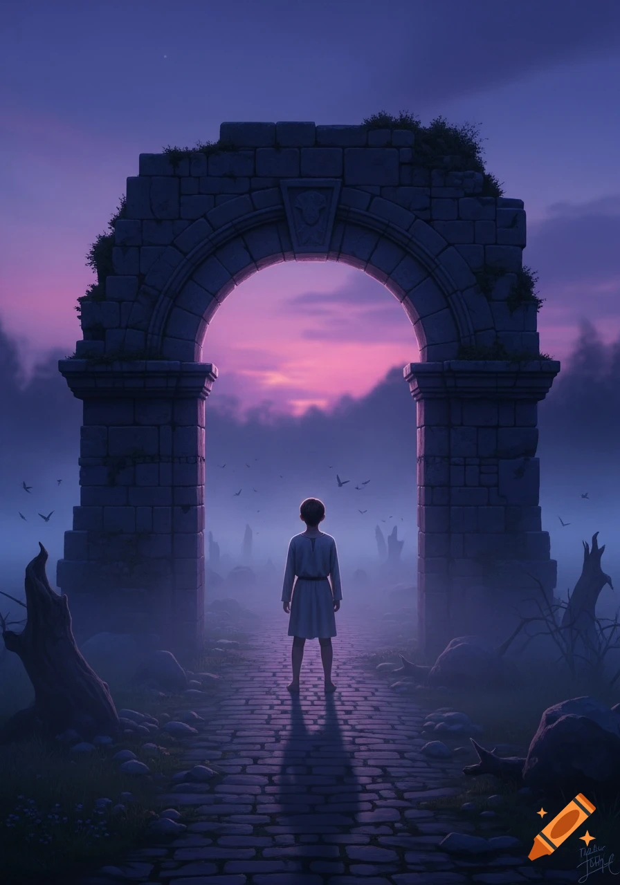 A lone figure stands on a cobblestone path, facing a ruined stone archway bathed in the pink and purple light of dusk, surrounded by mist and birds.