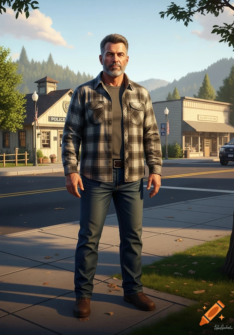 A middle-aged man in a flannel shirt and jeans stands on a sidewalk in a small town, with a police station and other buildings in the background.
