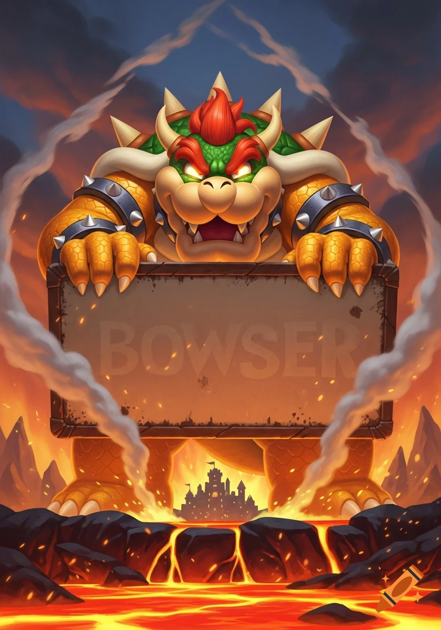 Stylized illustration of Bowser holding a sign with "BOWSER" written on it, surrounded by lava, fire, and smoke, with a castle in the background.