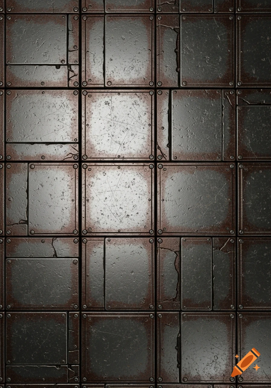 A detailed, grungy, rusty metal floor texture made of square and rectangular panels with rivets and scratches.