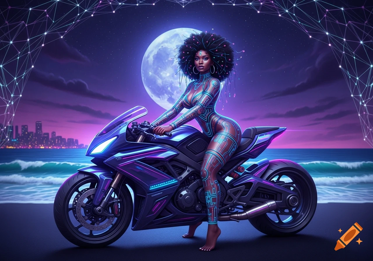 Afrofuturistic woman in a glowing circuit-patterned bodysuit on a cyber motorcycle at night by a beach under a full moon, digital art.