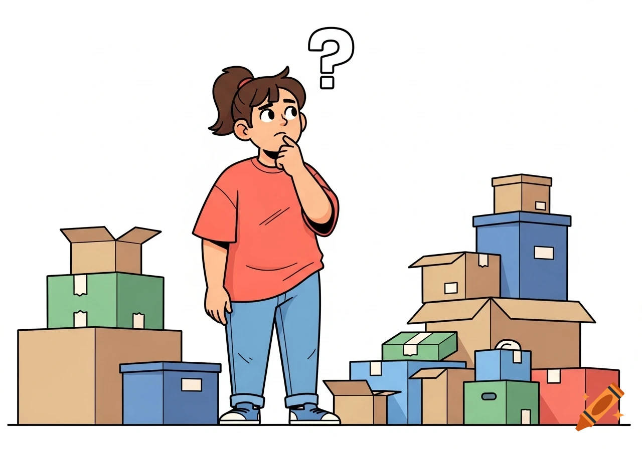 A cartoon woman with a ponytail stands thinking in front of stacks of cardboard boxes, with a question mark above her head. 2D cartoon illustration.