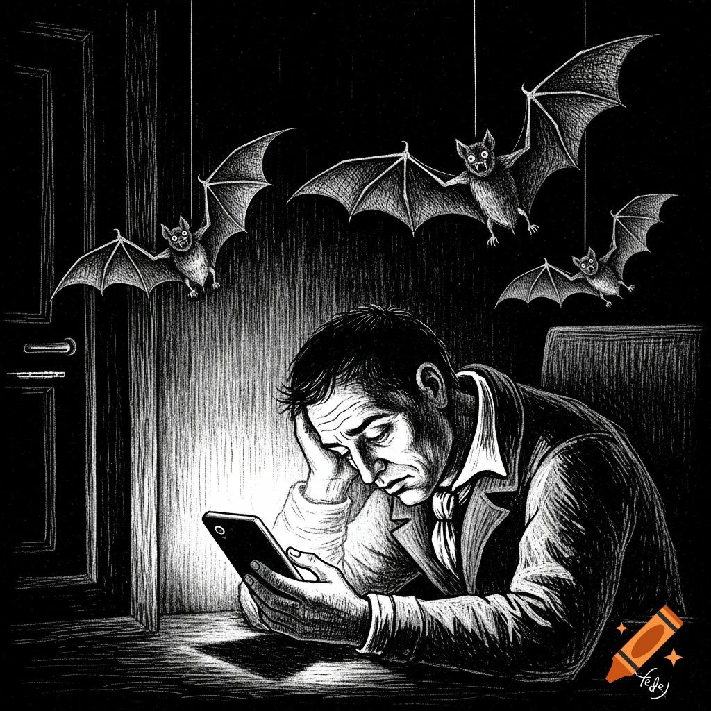 A sketchy, high-contrast illustration in the style of Goya. A tired man hunches over a glowing phone in a gloomy room, with creepy bats flying around him.