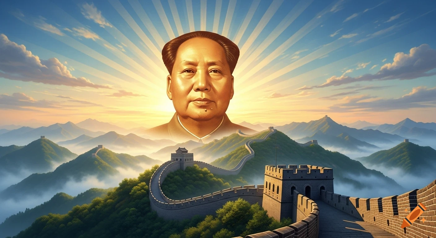 Stylized portrait of Mao Zedong illuminated by sun rays behind the Great Wall of China winding through misty, green mountains at sunrise.