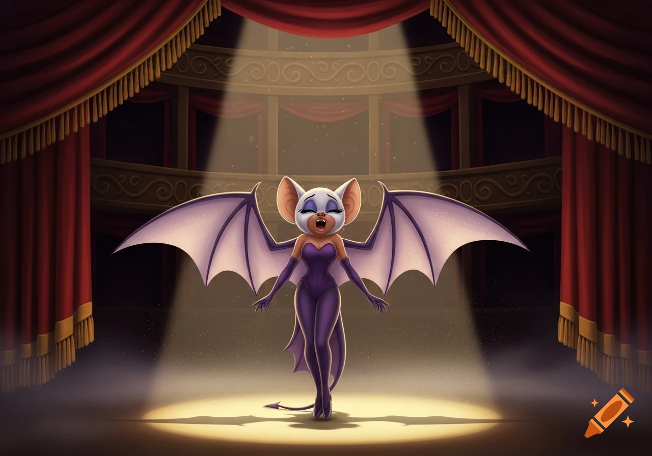 A cartoon anthropomorphic bat in a purple bodysuit with large wings sings on a spotlighted stage with red curtains.