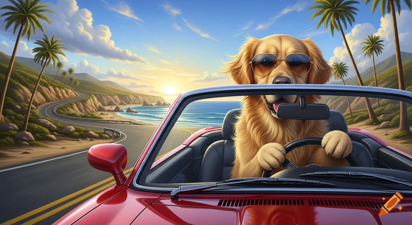 A golden retriever in sunglasses drives a red convertible along a sunny ...