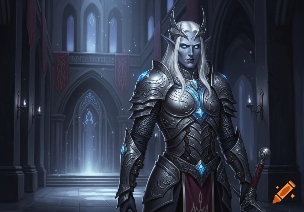A drow noble with white hair and glowing blue eyes stands in a dark gothic hall, wearing ornate silver elven chainmail armor.