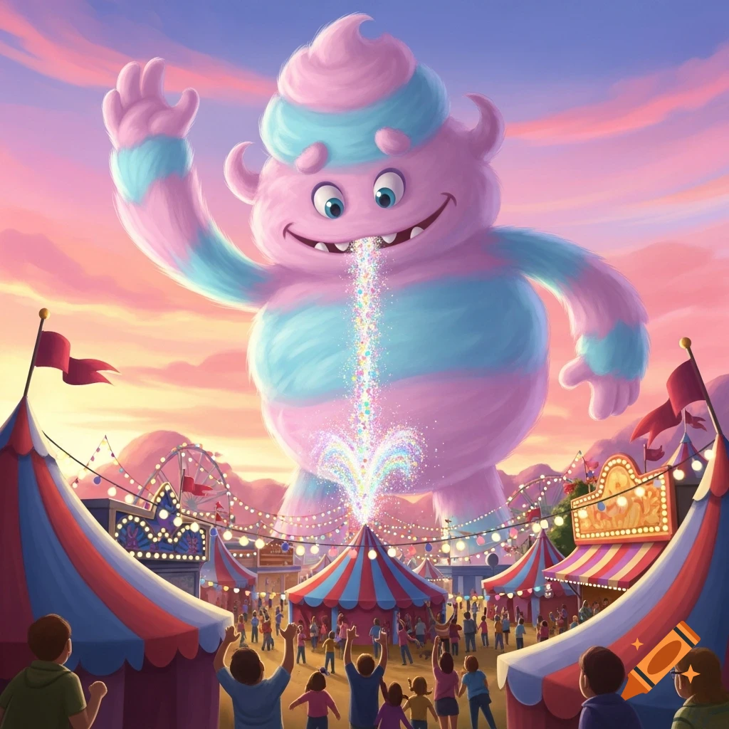 A giant, smiling pink and blue cotton candy monster spews colorful glitter onto a cheering crowd at a vibrant carnival during sunset.