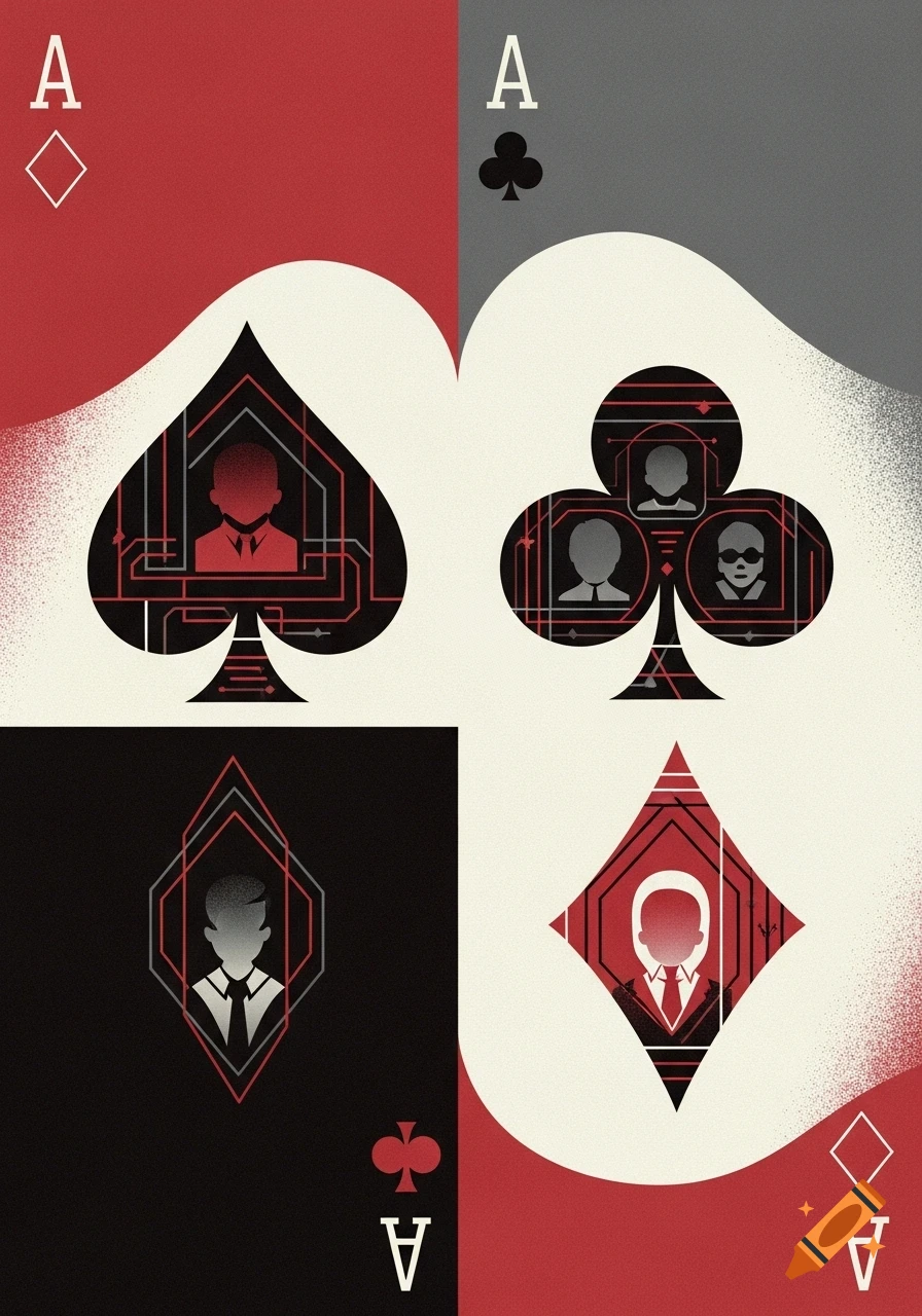 Graphic, minimalist playing card design with stylized spade, club, and diamond suits containing abstract figures in red, black, and off-white.