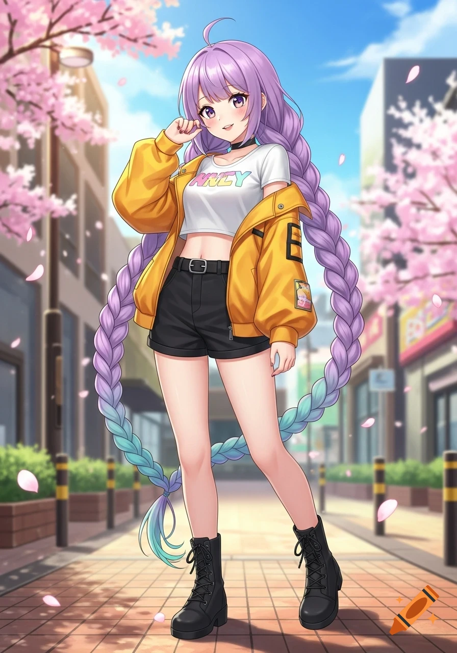 An anime girl with a long pastel purple braid, white crop top, yellow jacket, black shorts, and boots on a city street with cherry blossoms.