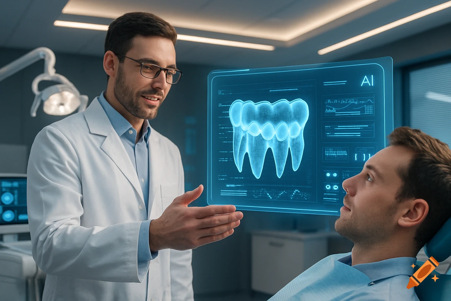 A dentist in a white coat shows a patient a holographic 3D dental scan with 'AI' on screen in a modern office.