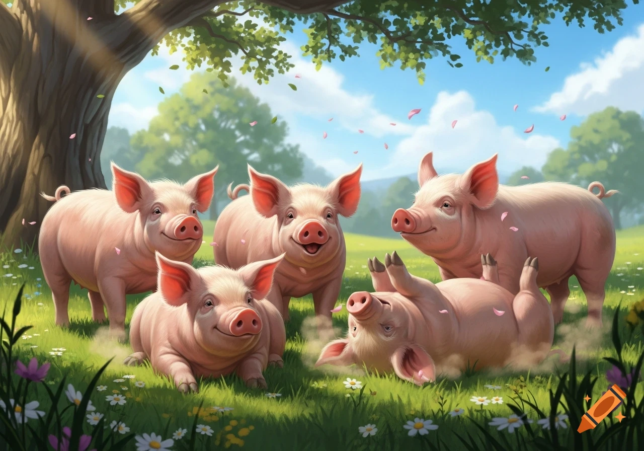 Five happy cartoon pigs playing in a sunny green field with falling pink petals and white daisies.
