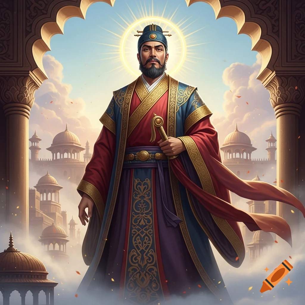 A regal man with a beard, wearing ornate red and blue robes, holds a sword and stands under an archway with a halo behind him, overlooking a city of domed buildings.