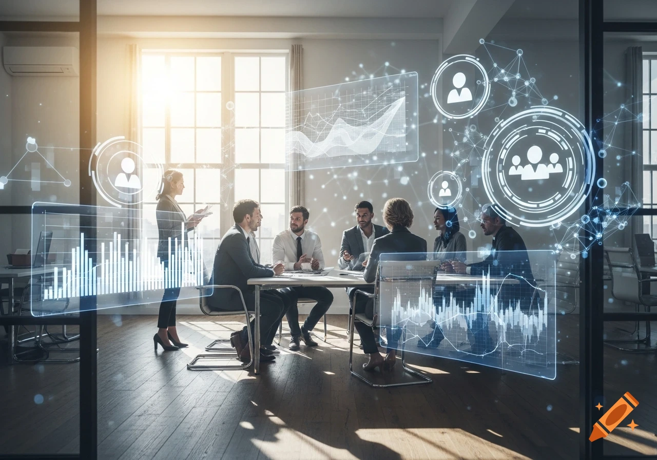 A diverse group of business professionals in a modern office meeting room, surrounded by glowing holographic data visualizations.