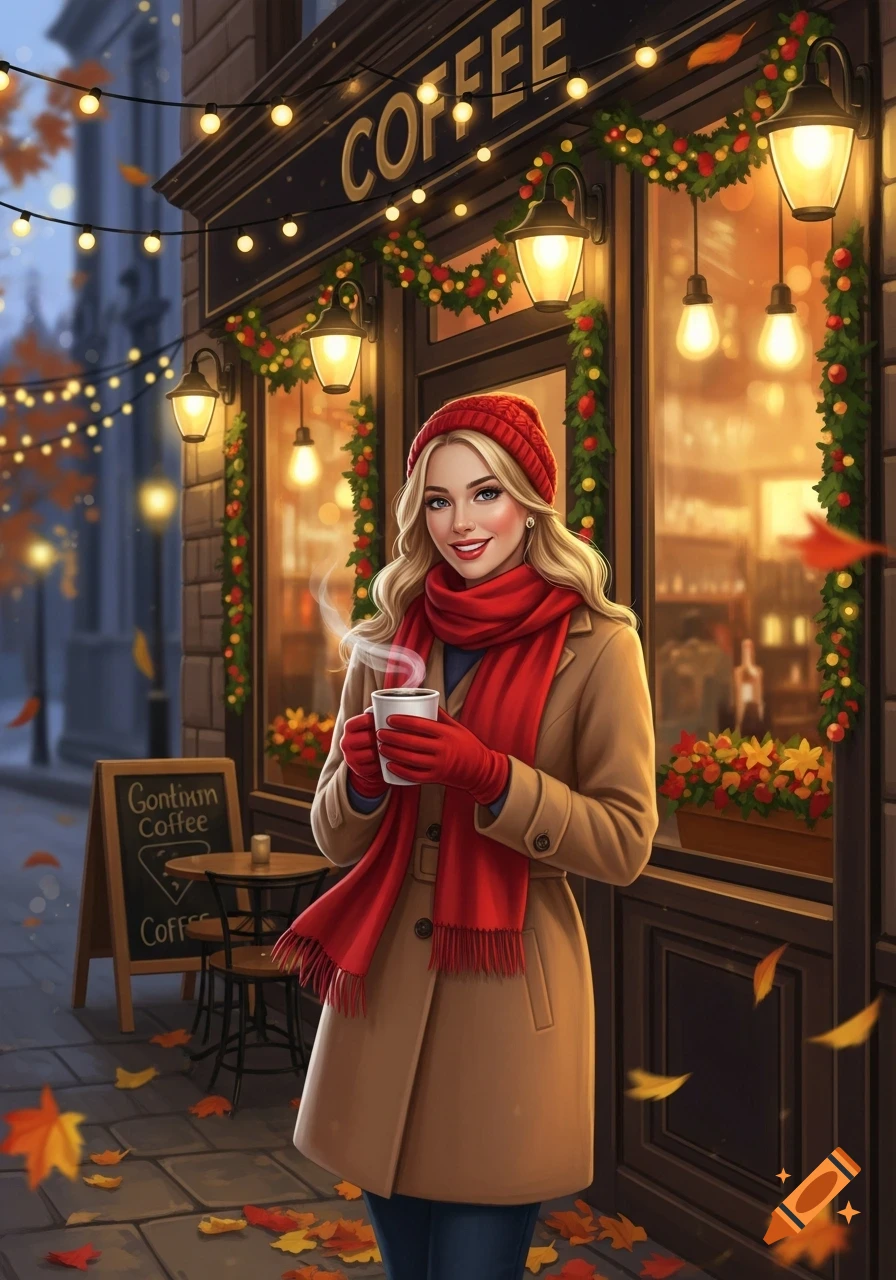 A blonde woman in a tan coat, red scarf, and red hat holds a coffee cup outside a festive coffee shop decorated with lights and fall leaves.