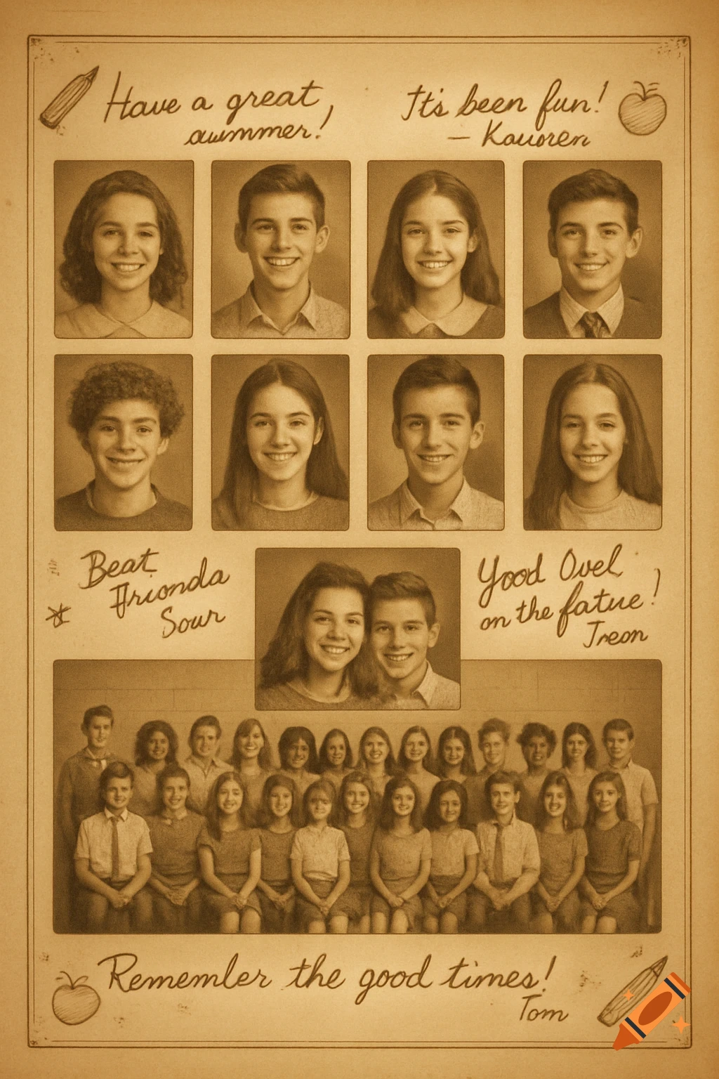 A vintage-style sepia yearbook page featuring multiple individual and group portraits of smiling students, along with handwritten messages and doodles.