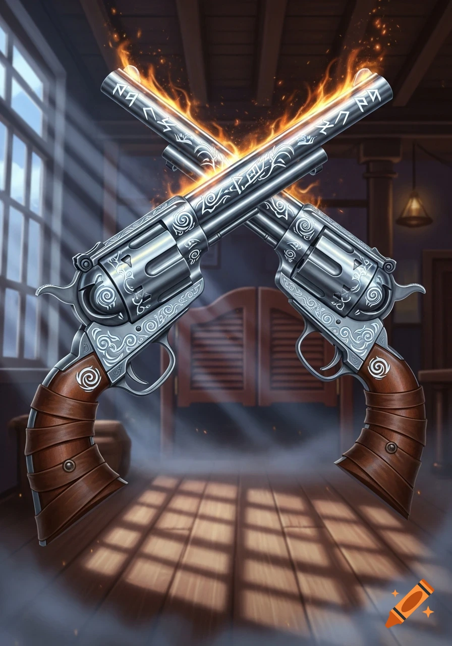 Two stylized silver revolvers with ornate engravings and glowing runes cross each other, surrounded by fire and smoke in a dimly lit saloon.