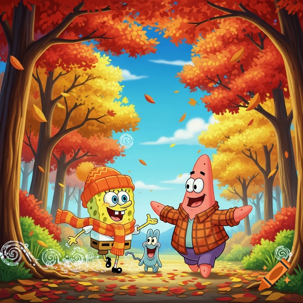 SpongeBob, Patrick, and Gary walk on a leaf-strewn forest path under vibrant autumn trees.