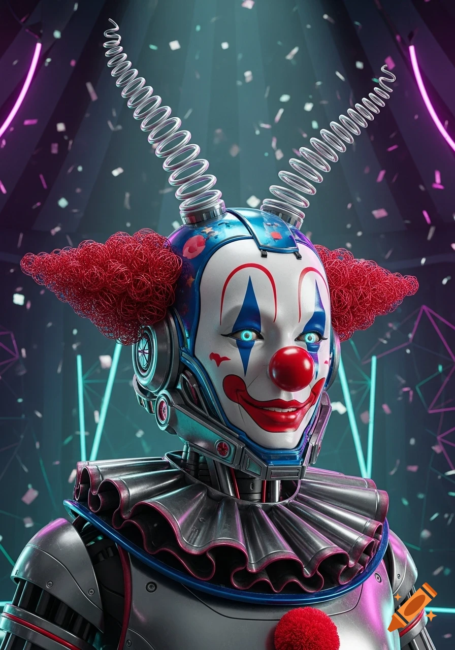 Close-up of a metallic robot clown with red curly hair, spring antennae, glowing blue eyes, and a red nose, against a neon-lit background with confetti.