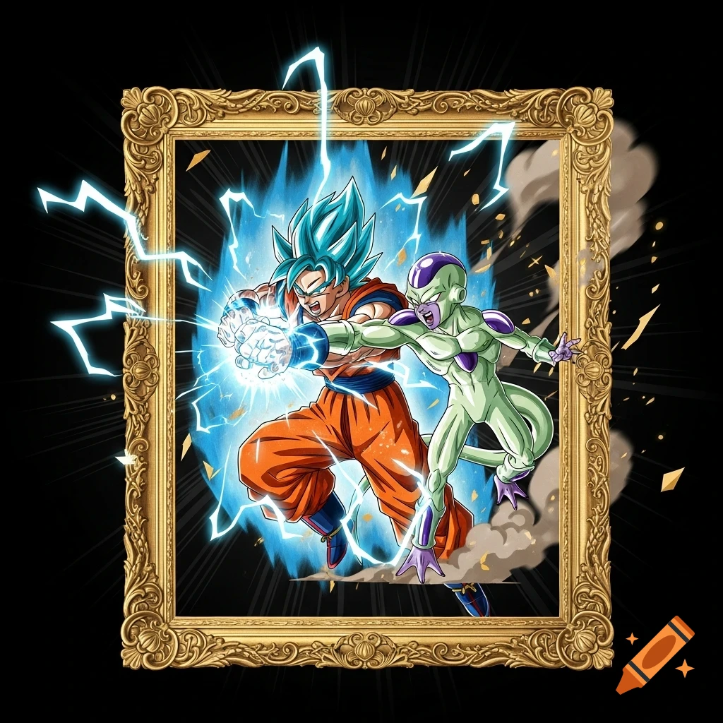Goku in Super Saiyan Blue form charges an attack against Golden Frieza, set within a decorative golden frame in an anime style.