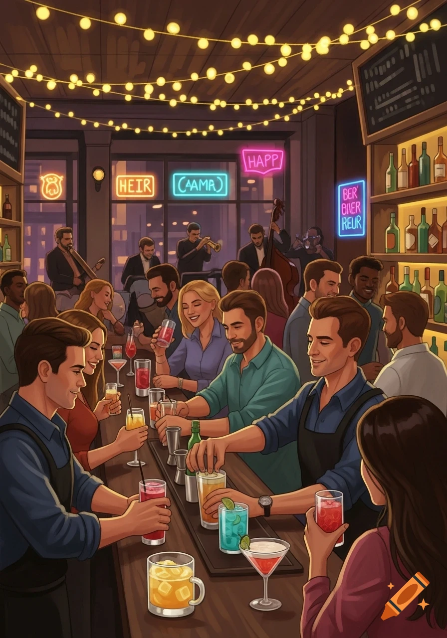 An illustration of a lively bar scene with a crowd of diverse patrons, bartenders making cocktails, and a jazz band playing in the background. Neon signs illuminate the urban setting outside.