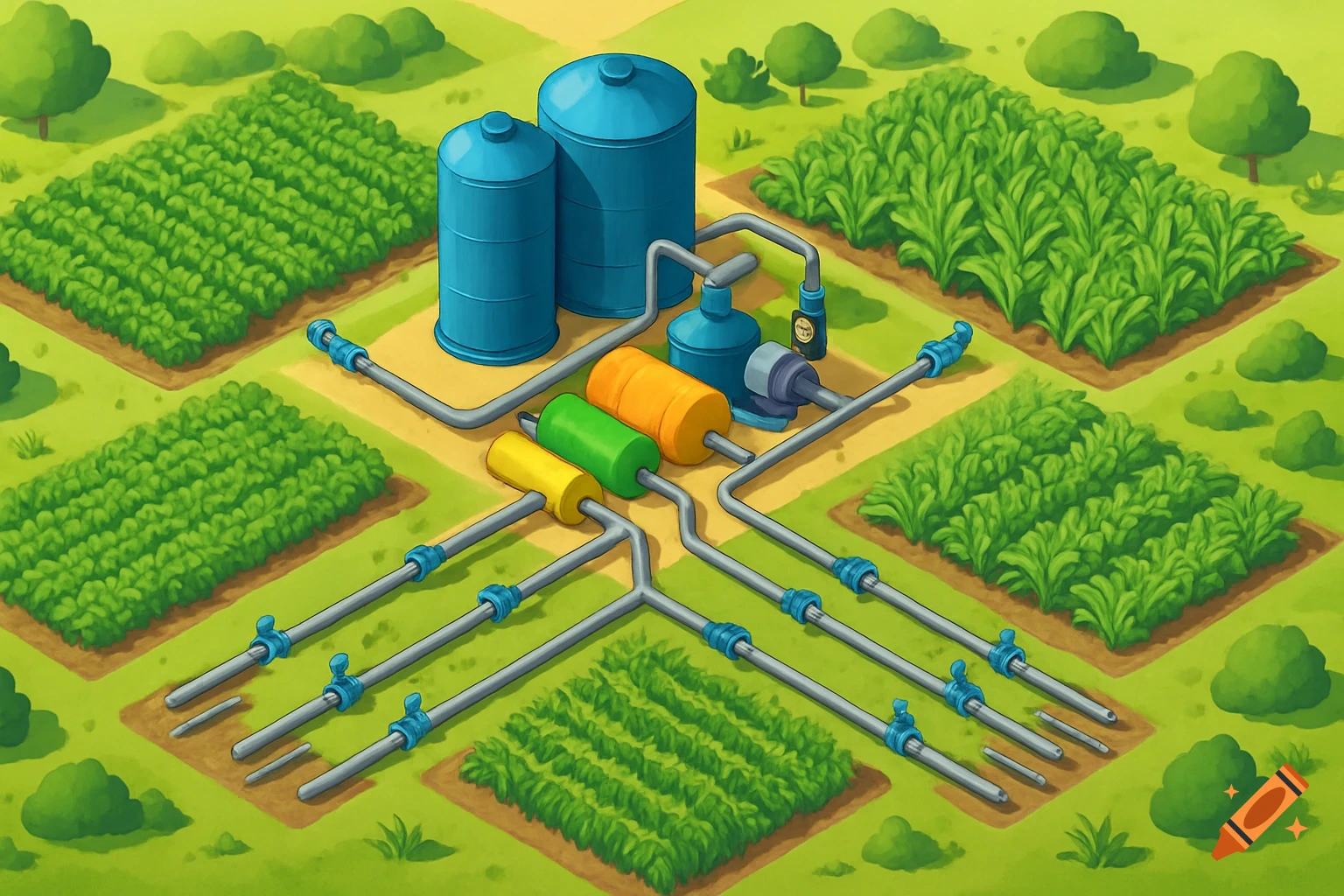 Isometric view of a farm with green crop fields and a central irrigation system consisting of blue tanks, colorful smaller tanks, and pipes.