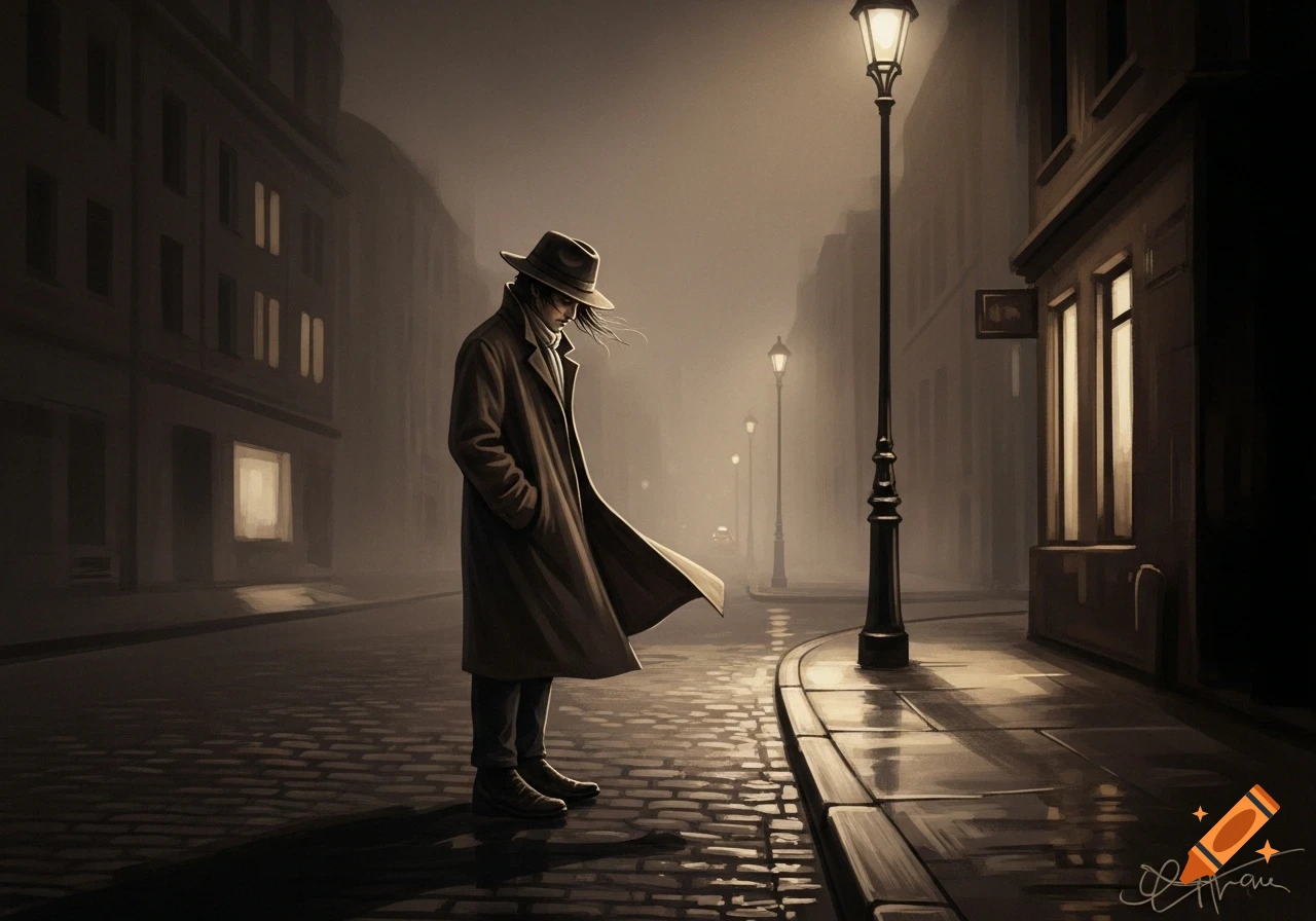 A person in a trench coat and hat stands looking down on a wet cobblestone street at night, under foggy streetlights in a dark urban scene.