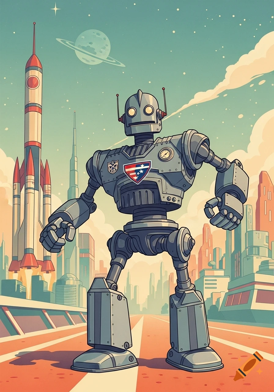 A large, retro-futuristic robot stands on a road in a cartoonish cityscape with rockets launching and a ringed planet in the sky.