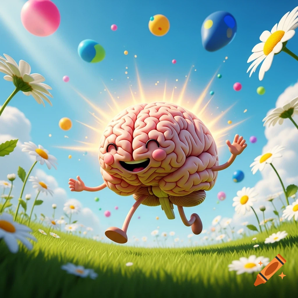 A cheerful pink cartoon brain with arms and legs runs through a field of daisies under a blue sky, with colorful orbs floating.