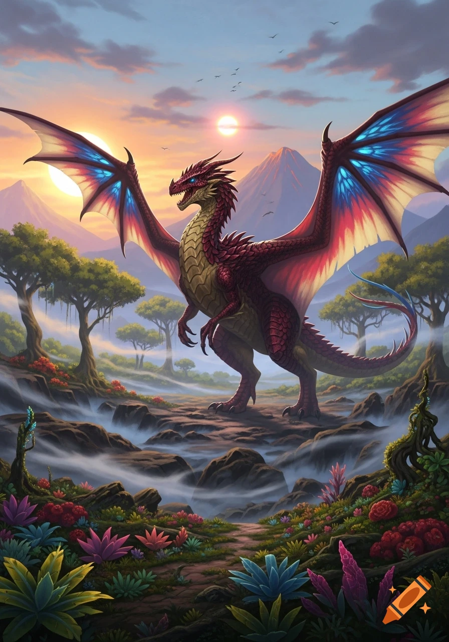 A majestic red dragon with vibrant, spread wings stands in a lush ...
