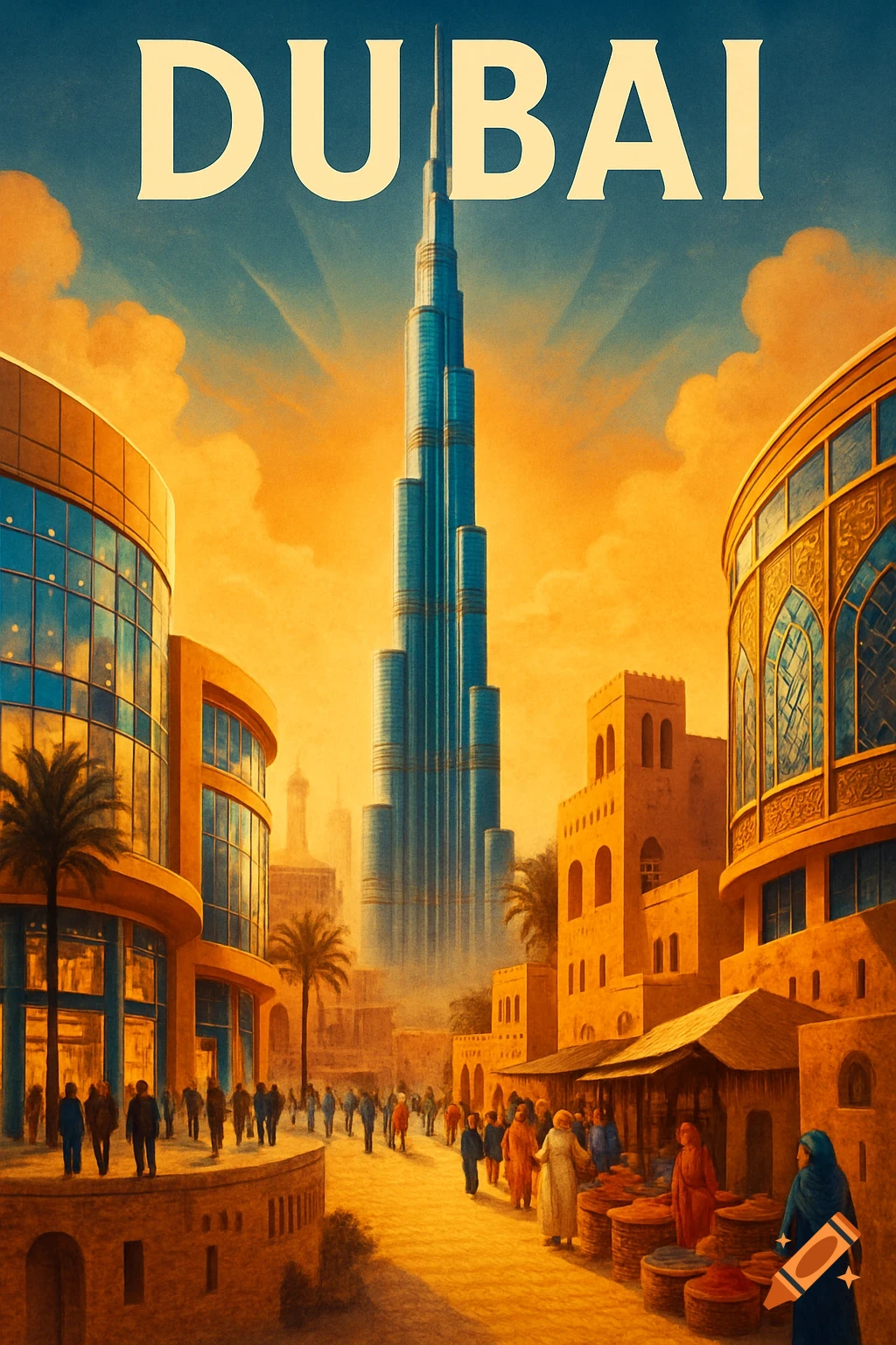 Stylized travel poster for Dubai, featuring the Burj Khalifa, a bustling street with traditional and modern buildings, under an orange sky. 'DUBAI' text at top.