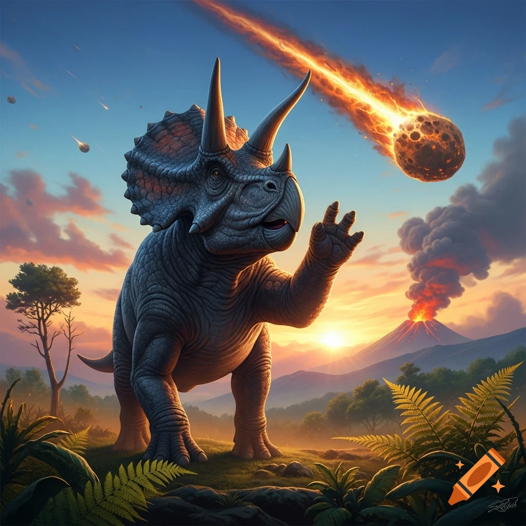 A cartoonish triceratops waves towards a fiery asteroid falling from the sunset sky, with an erupting volcano in the background.