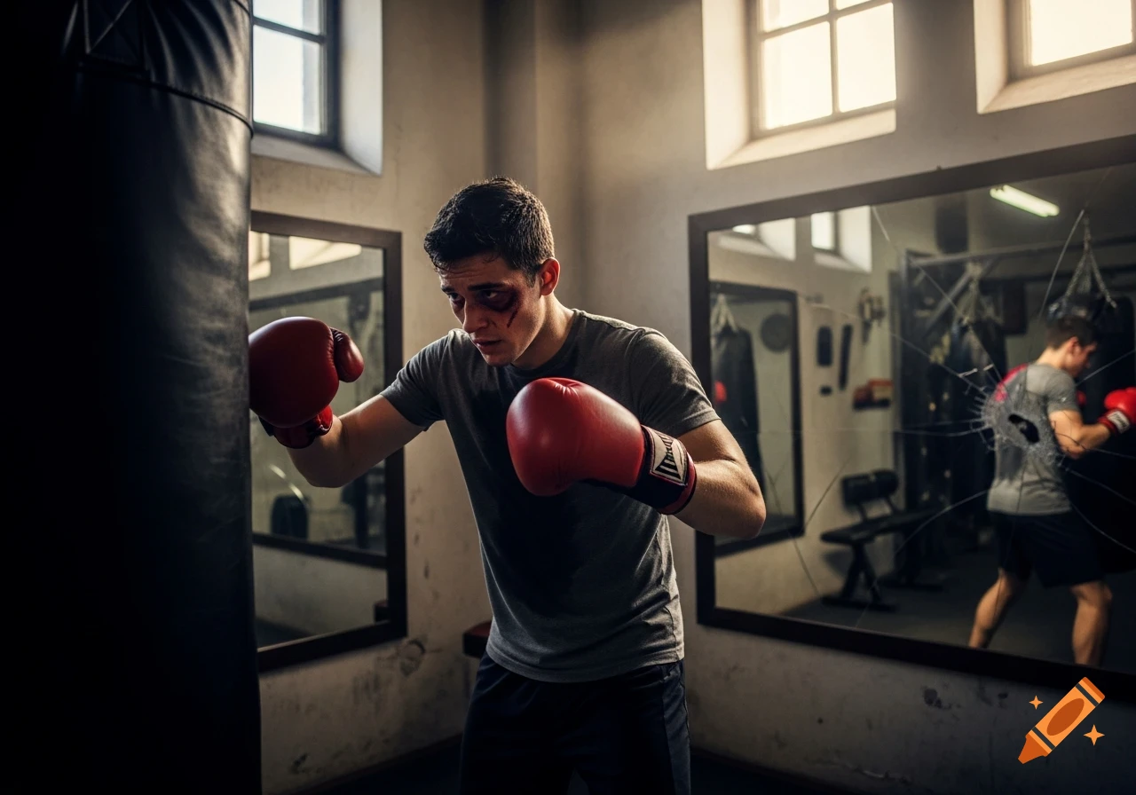 A bruised young boxer with red gloves punches a heavy bag in a gritty gym with cracked mirrors, under cinematic lighting.