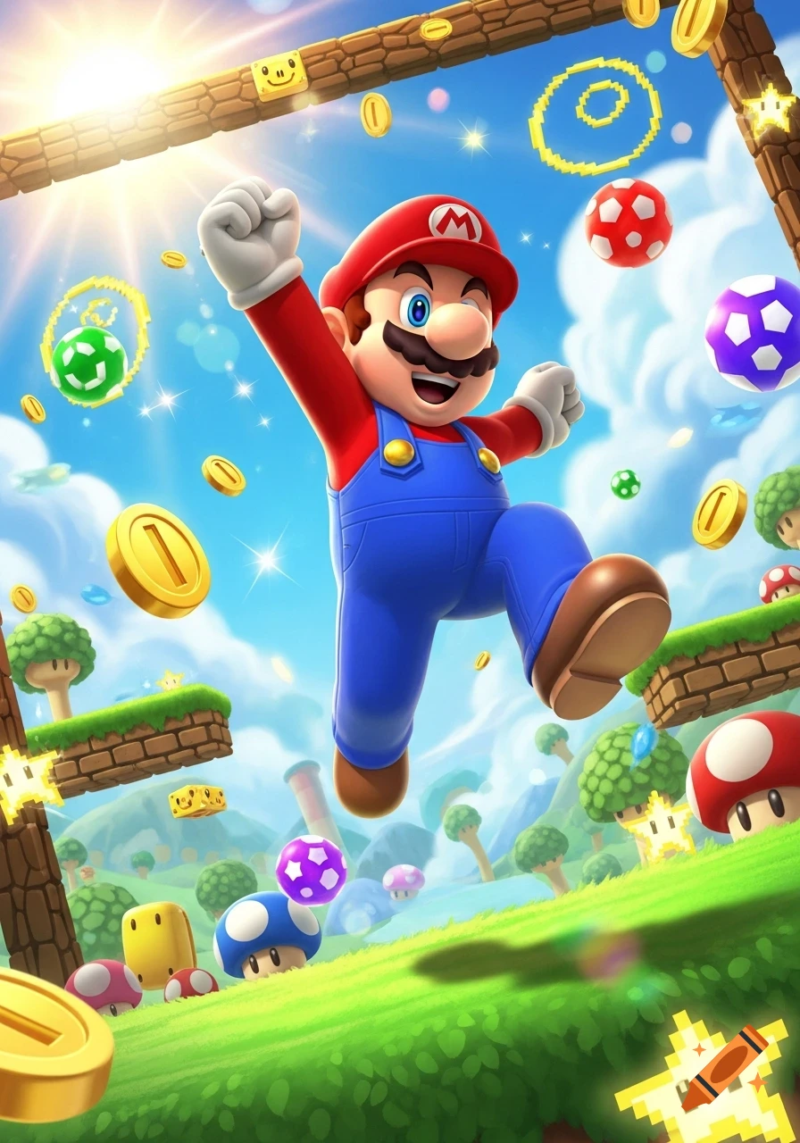 Mario jumps in a vibrant, sunny fantasy world with floating coins, platforms, and mushrooms, rendered in a 3D video game style.