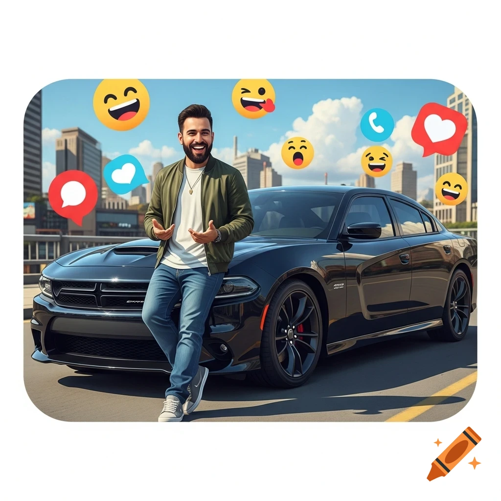 A smiling man in a green jacket and jeans leans against a black Dodge Charger with various emojis floating around him in a city setting.