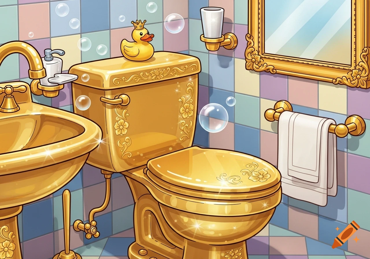 A cartoon bathroom with golden fixtures including a toilet, sink, mirror, towel rack, and a rubber duck with a crown on the toilet lid.