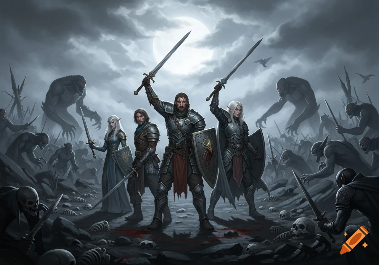 Fantasy warriors and elves battle an army of monsters beneath a full moon, amidst blood and bones.