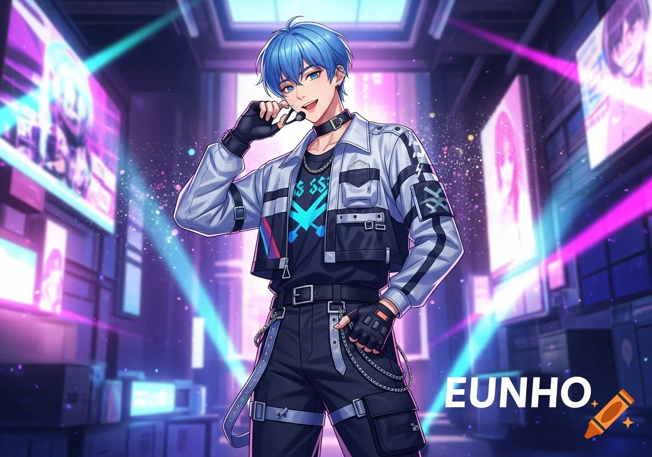 Anime male character with blue hair in a white and black jacket, holding a microphone on a neon-lit stage, with the name EUNHO.