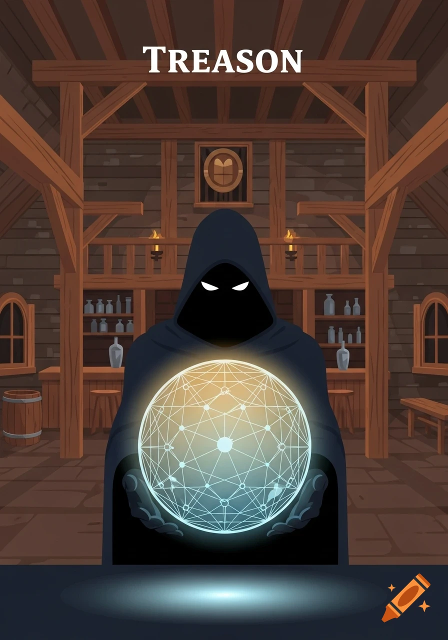 Stylized illustration of a cloaked figure holding a glowing networked sphere in a tavern, with the word 'TREASON' above.